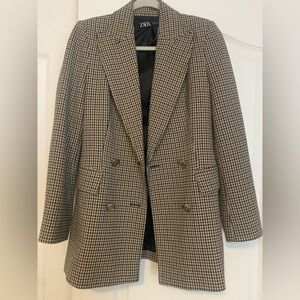 Zara brown houndstooth blazer with gold buttons XS